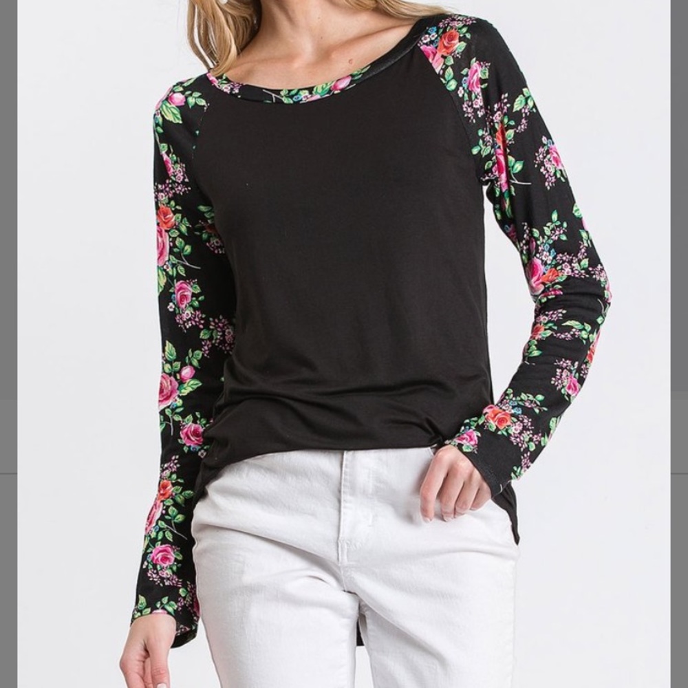 Black & Fuchsia Floral Raglan Tee